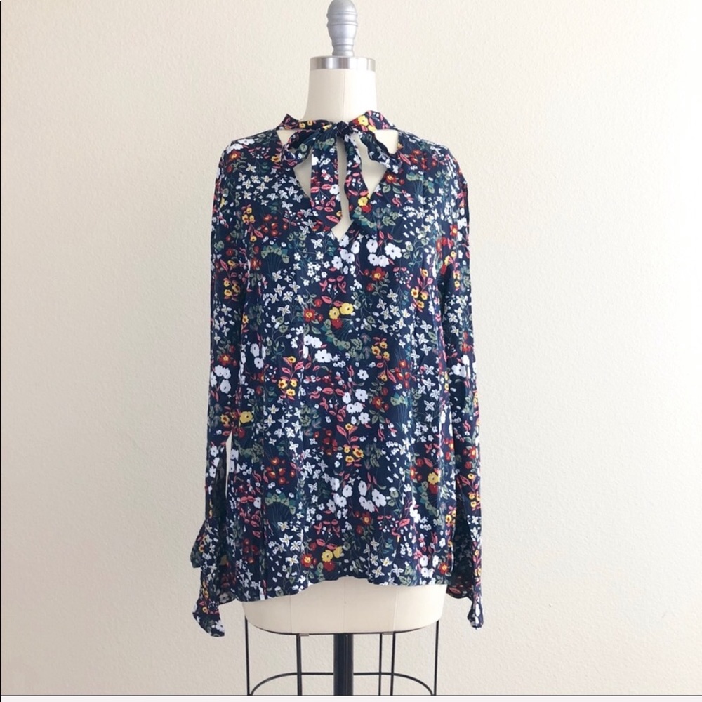 Navy Floral Tie Neck Long Ruffle Sleeve Blouse - Picture 4 of 6